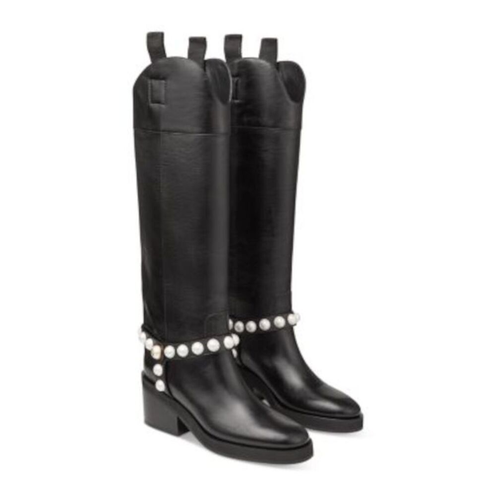 JIMMY CHOO Womens Black Shaft Pull Tabs Onya/a 70 Wvu Leather Riding Boot 37